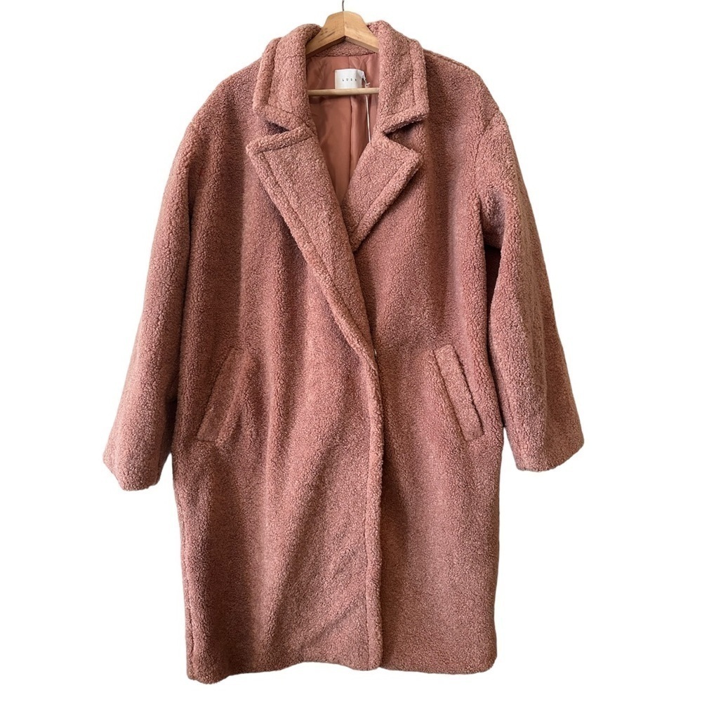 Lush Faux Shearling Mid Length Mauve Teddy Coat Jacket